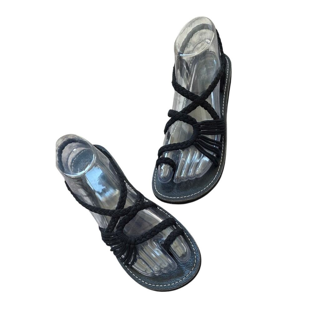 PLAKA Black Braided Synthetic Strappy Sandal sz 8 Boho Casual Basic Summer